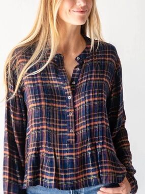 NATURAL LIFE Navy Plaid Button-Down Shirt with Rust & Yellow Stripes